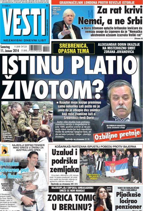 Die grsste serbische Diasporazeitung Vesti berichtete auf der Titelseite ber den mysterisen Tod von Zoran Jovanović